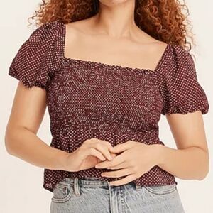 J.Crew Brown Polka Dot Smocked Peplum Crop Top Small Puffed Sleeve
